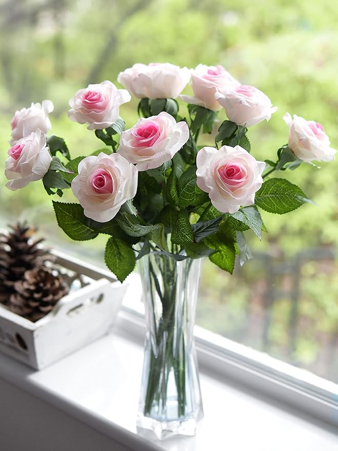 FiveSeasonStuff Fake Roses Wedding Flowers Real Touch Silk White & Pink Artificial Flowers 12 Stems