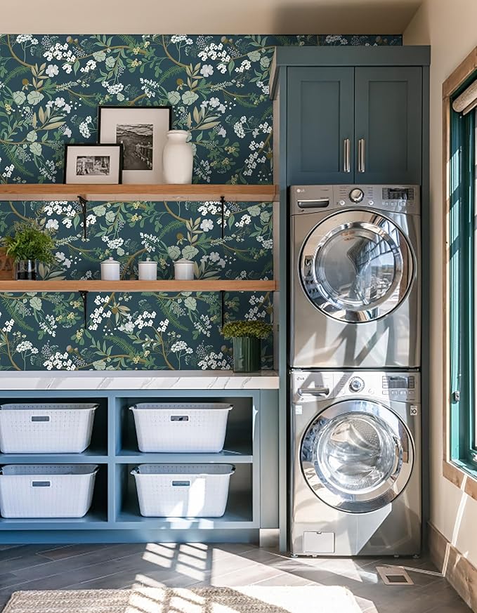 Guvana Floral Peel and Stick Wallpaper Leaf Wallpaper Green Leaves Contact Paper Vintage Flowers Self Adhesive Wall Paper for Bedroom Livering Decor 118"x16.14"