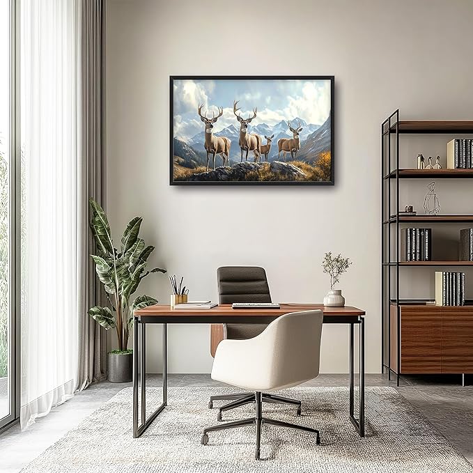 Mountain Elk Deer Large Wall Art Framed Farmhouse Wall Decor for Living Room Rustic Deer Pictures Oversized Canvas Print Painting Modern Extra Large Framed Artwork for Bedroom Office 36"x24"