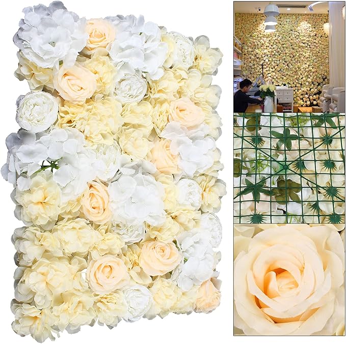 LOYALHEARTDY 12 Pack 24" x 16" Artificial Flower Wall Panels Hydrangea and Rose Flower Backdrop Panels Wedding Party Event Decoration (12 PCS, Yellow+White)