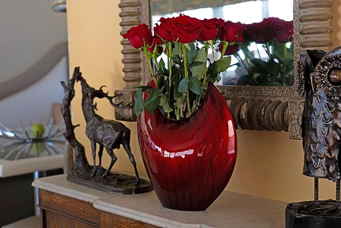 Modern Day Accents 3627 Acentuada Fat Pointed Red Glaze Vase, Flower Vase, Plants, Centerpiece, Home Decor, Office Decor, Arrangement 13.5" H