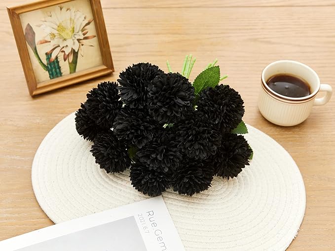 SITUMEIZI 12 Pcs Black Artificial Chrysanthemums Flowers Ball Flower Fake Mums Silk for Halloween Thanksgiving Day Fall Wedding Home Decoration Floral Arrangement