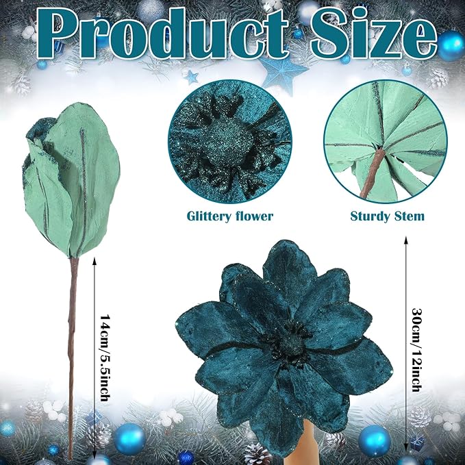 8 Pcs Large Christmas Flower Magnolia Flowers Christmas Tree Decoration Artificial Poinsettia Stems Velvet Xmas Ornaments for Xmas Tree Table Decor(Peacock Green,12 Inch)