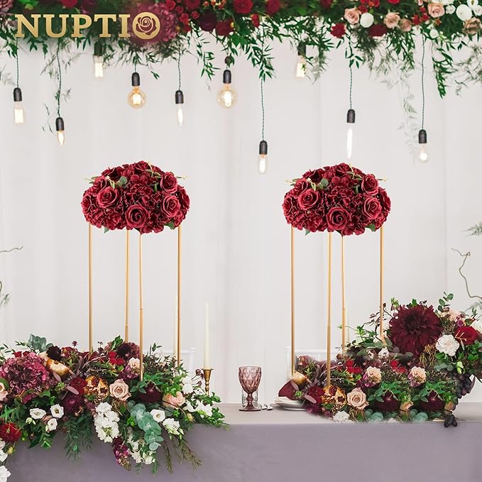 Nuptio Flower Wedding Centrepieces for Tables: 2 Pcs Burgundy Artificial Flowers Roses Balls 14.2 inch Diam for Centerpiece Fake Silk Rose Arrangements for Weddings Reception Birthday Party Decoration