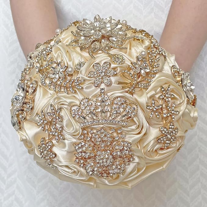 Handmade Satin Rose Floral Bling Pearl Decor Bridal Wedding Bouquet Rhinestone Pendant Artificial Brooch Flowers for Bride Bridesmaid Quinceanera