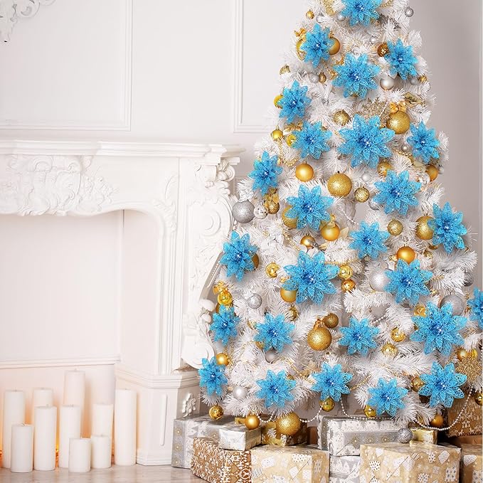 Boao Lake Blue 24 Pieces Poinsettia Flower Christmas Glitter Artificial Poinsettia with Clips Christmas Tree Ornament Decorations for DIY Xmas Wreath Holiday Home Party Decor, 3/4/6 Inches