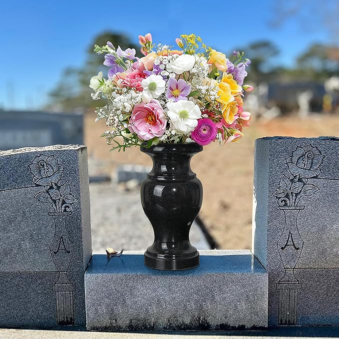 Cemetery Vase, Granite Grave Vase Polished, Black Memorial Stone Vases with Draining Hole for Home Tabletop, Cemetery Flowers, Grave Headstone Decorations (1pc, Polished Black)