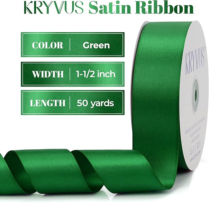 Green Satin Ribbon, Double Faced 1-1/2 Inch X 50 Yards Green Ribbon, Premium Satin Ribbon for Gift Wrapping, Crafts, Hair Bow Making, Sewing, Flower Bouquet, Wedding Party Decor