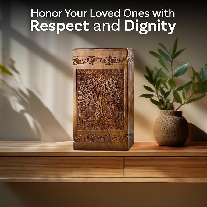INTAJ Handcarved Wooden Cremation Urn for Human Ashes - Tree of Life Design, 640lbs Capacity, Suitable for Adult Men and Women - Decorative Funeral Urn Box and Casket - Companion Urn Carved Box