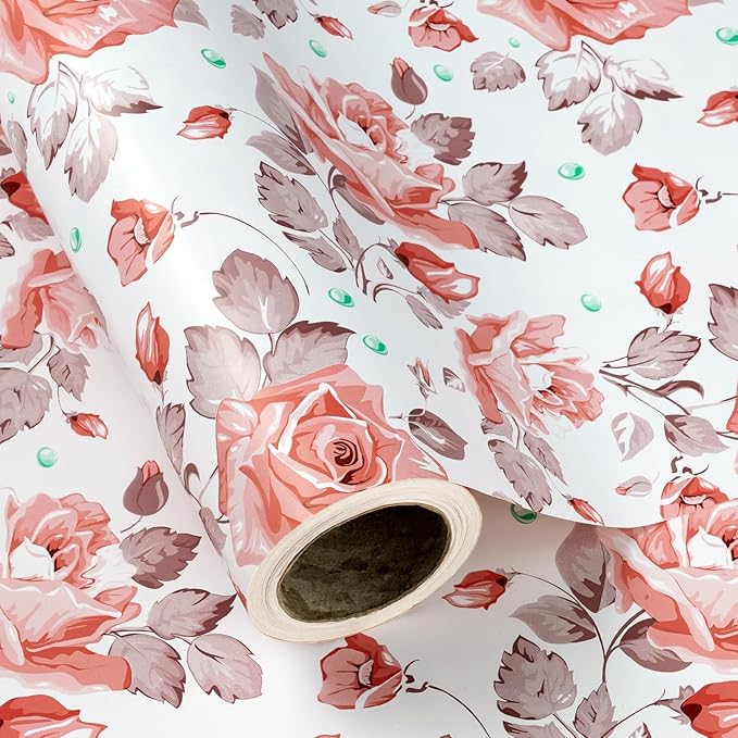 WRAPAHOLIC 30 Inch Reversible Floral Wrapping Paper - 30 Inch X 100 Feet Jumbo Roll Beautiful Pink Floral Design, Perfect for Wedding, Mother's Day, Birthday, Baby Shower