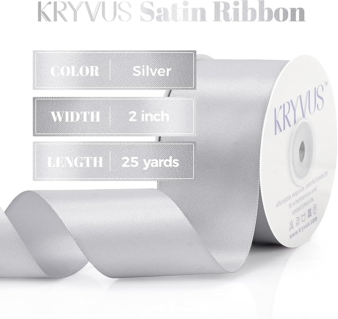 Silver Satin Ribbon, Double Faced 2 Inch X 25 Yards Silver Ribbon, Premium Satin Ribbon for Gift Wrapping, Crafts, Hair Bow Making, Sewing, Flower Bouquet, Wedding Party Decor