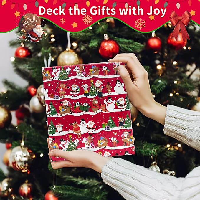 Novnsoi Christmas Wrapping Paper for Gifts (4 Rolls: 148 sq. ft. ttl) Funny Candy Cane Santas, Reindeer, Christmas Tree, Snowflakes - 30 inches x 14.8 feet Per Roll