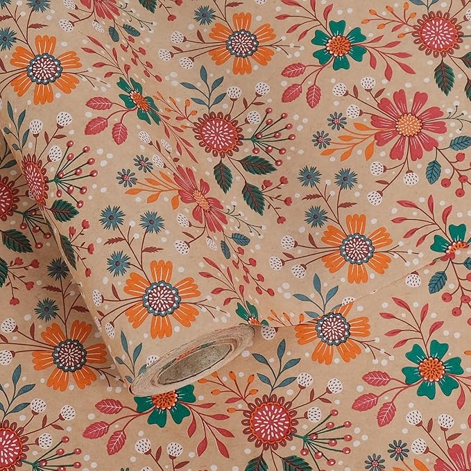 Aimyoo Kraft Floral Wrapping Paper Roll - Mini Roll - 17 Inch x 32.8 Feet - All Occasion Vintage Flower Gift Wrap Paper for Mother's Day Wedding Birthday Bridal Shower