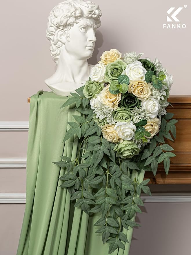 FANKO Artificial Flower Fake Rose Combo, 5 Mixed Silk Flowers Bouquet Dark & Light Green Rose Cream Roses, Light Gray Dahlia for DIY Wedding Bridal Bouquets/Centerpieces/Home Decorations