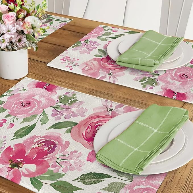Seliem Spring Summer Watercolor Flower Placemats Set of 4, Pink Peony Floral Dining Table Place Mats, Seasonal Kitchen Decor Home Decoration 12 x 18 Inch