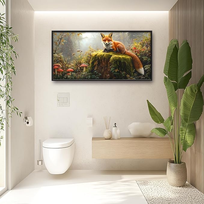 Forest Fox Large Wall Art Framed Rustic Wall Decor for Living Room Fox Mushroom Pictures Oversized Canvas Print Painting Modern Extra Large Framed Artwork for Bedroom Office 60"x30"