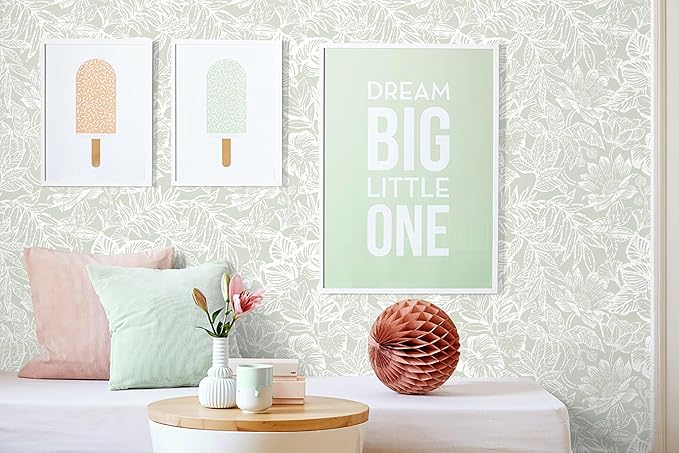 Peel and Stick Wallpaper Modern Wall Paper Boho Contact Paper Bedroom Bathroom Wallpaper Peel and Stick Light Green Tropical Leaf Removable Self-Adhesive Wall Decor 17.3" x 394"