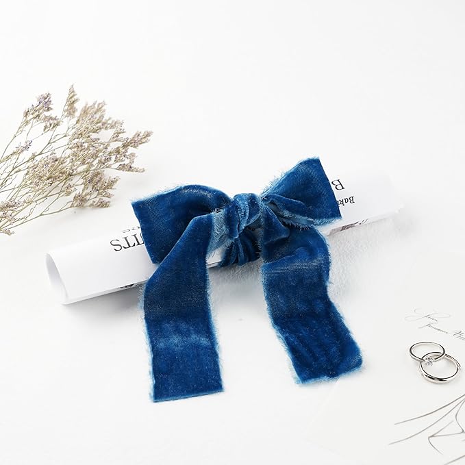 Blue Velvet Ribbon 1.5 Inch Hand Frayed Silk Velvet Ribbon Rustic Velvet for Gift Wrapping, Christmas Tree Decor, Wedding Invitation Bridal Bouquet -3yards