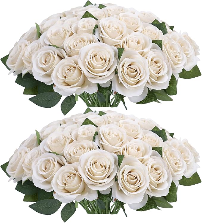 52pcs Beige Roses Artificial Flowers Fake Flowers Silk Roses with Stems for DIY Wedding Bouquets Bridal Shower Centerpieces Arrangements Party Decorations