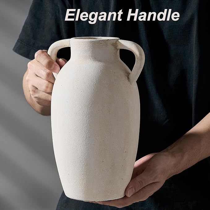 Ceramic Vase, 9.84 Inch Terracotta Vase with Handles, Boho Decor Decorative Vase, Rustic Vase for Home Decor, Farmhouse, Living Room, Table - Beige