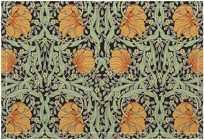 William Morris Placemats Farmhouse Sage Green Orange Vintage Floral Art Printed Dining Table Mats Set of 4 for Home Kitchen Holiday Picnic Party Decoration 12x18in