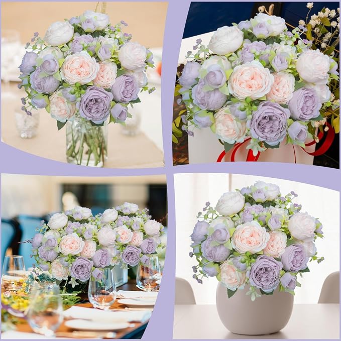 Peony Artificial Flowers, 4 Bundles Fake Peonies Faux Flower Centerpieces for Tables Vase, Bulk Pink Purple Silk Peonies Artificial Bouquet for Wedding Decorations Indoor Floral Arrangement