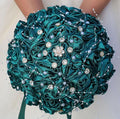 Bridal Wedding Bouquet Round Bling Brooch Bouquet Throw Toss Artificial Rose Flower Bunch for Bride Bridesmaid Wedding Quinceanera(Dark Green, 9.8")