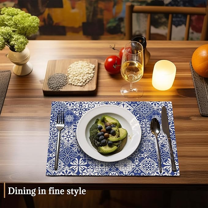 Blue Folk Ethnic Placemats Set of 6 Place Mats for Kitchen Table Washable Farmhouse Linen Table Mats Dining Decoration 12x18 Inch