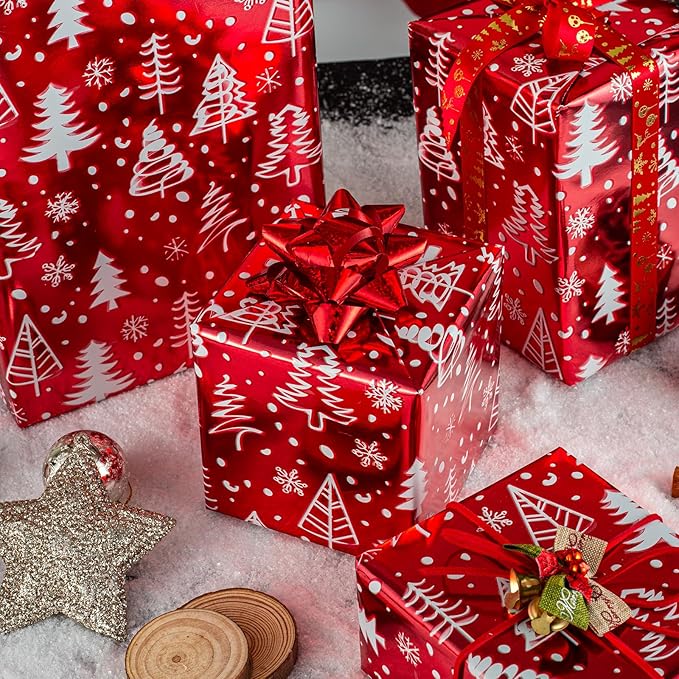 MAYPLUSS Christmas Red Wrapping Paper Roll - 17 Inch X 33 Feet - Luxury Metallic Shiny Red Christmas Tree and Snow Foil Roll Winter Holiday Gift Wrap Sheet for Party, DIY Crafts & Festive Decoration
