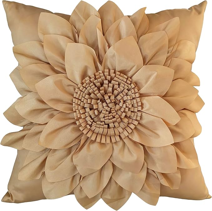 Bella's Giftshop 3D Sunflower Decorative Throw Pillow Covers for Bed Sofa Couch Car, Accent Floral Taffeta Cushion Cover, Handmade Pillow Cases Living Room Decor, 17x17 Inch-Gold