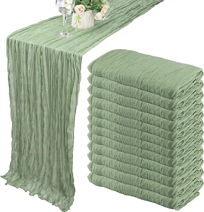 12 Pack Boho Gauze Table Runner - 35x72 Inch Rustic Cheese Cloth Long Table Runner for Wedding, Bridal Shower, Birthday Party Decor (Dusty Sage Green)