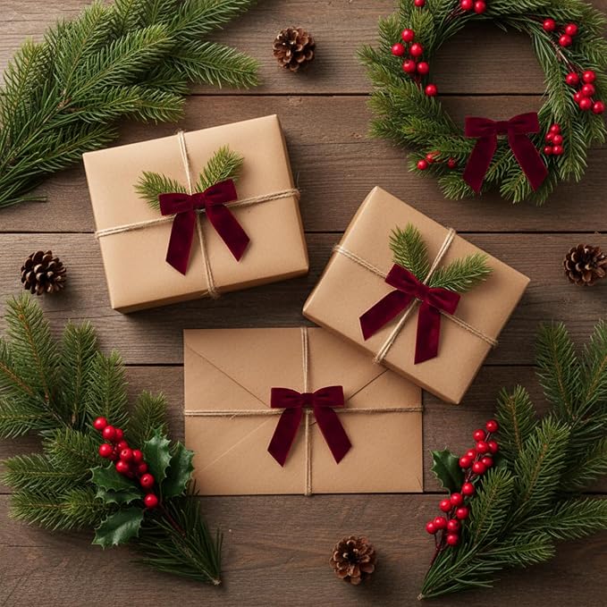 30 Pcs Velvet Ribbon Bows 3.5" x 3.5" Pre Tied Christmas Velvet Bows with Twist Tie for Gift Packaging Christmas Tree Wreaths Door Windows Wedding Party Decoration(Burgundy)