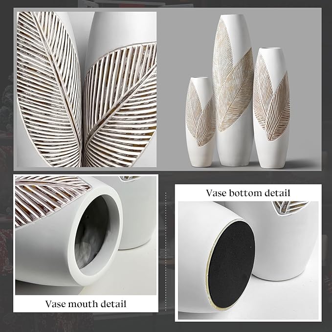Modern Large Floor Vase White Home Decor Flower Vases 24.8 Inch Tall Resin Vase Tree Leaf Texture Decor Vases for Entryway Living Room Mantel