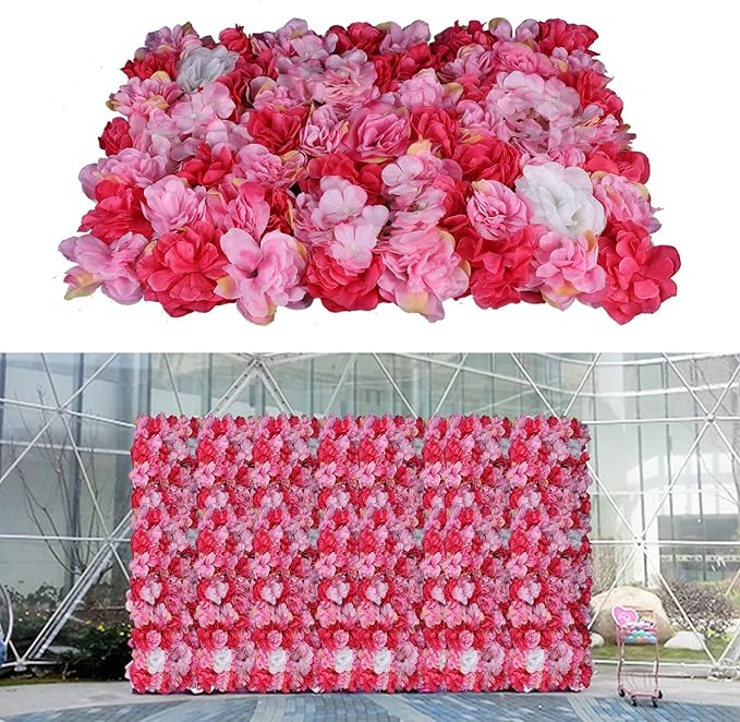 Artificial Flower Wall Panels, Silk Wedding Flower Wall Backdrop Panel, 3D Floral Panel Artificial Floral Wall Mat Flower Screen for Photo Party Wedding Wall Background Decor (6PCS Rose Red+Dark Pink)