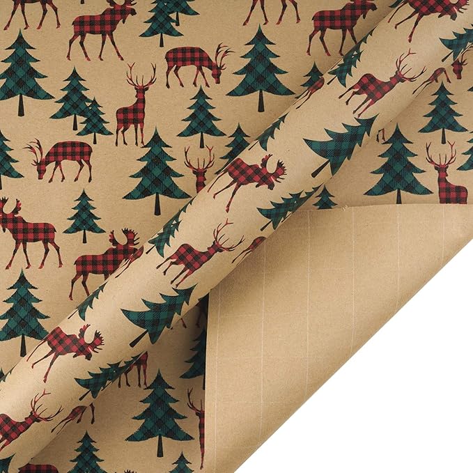 RUSPEPA Christmas Wrapping Paper, Kraft Paper - Red and Green Plaids Style Designs - 4 Rolls - 30 inches x 10 feet per Roll