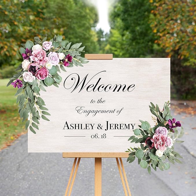 Light Purple Wedding Arch Flowers, Faux Flower Swag Set of 2, Pink White Floral Swag for Wedding Arch Welcome Signs, Reception Ceremony Signs Decor