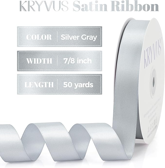 Silver Gray Satin Ribbon, Double Faced 7/8 Inch X 50 Yards Silver Gray Ribbon, Premium Satin Ribbons for Gift Wrapping, Crafts, Hair Bow Making, Sewing, Flower Bouquet, Wedding Party Decor