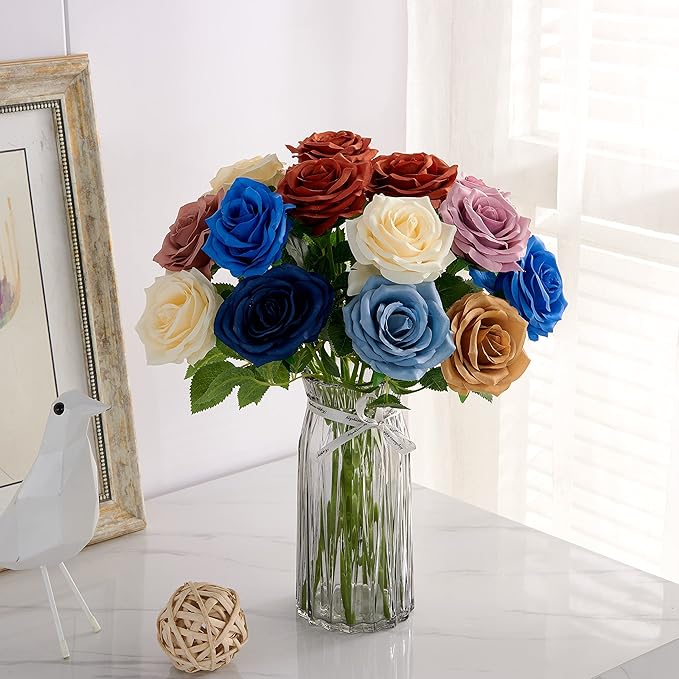 Artificial Rose 10pcs Open Flower Bouquet Navy Blue Faux Rose Stems for Wedding Arrangement, Bridal Bouquet, Centerpiece, Fake Faux Silk Flowers