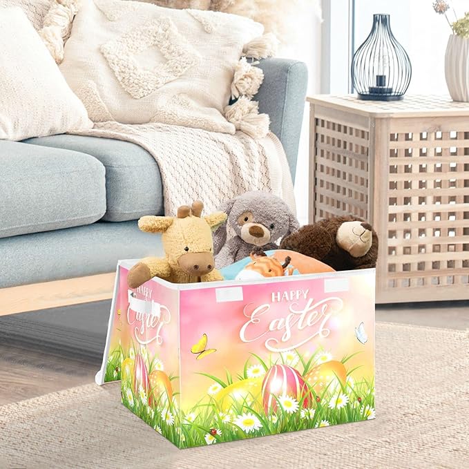 senya Easter Storage Baskets Collapsible Storage Bins with Lids, Happy Easter Eggs and Butterfly Storage Boxes Clothes Baskets for Organizing
