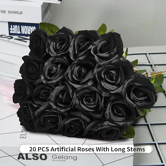 20PCS Artificial Roses with Long Stems - Realistic Silk Flowers, Fake Roses Real Touch Bouquet of Roses for Home Decor, Bridal Wedding Party Table Centerpieces, Bulk Faux Rose Flowers (Black)