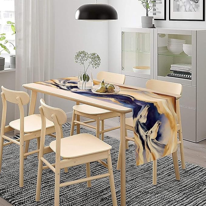 Marble Horse Table Runner, Dark Blue Gold Marble Abstract Horses Gold Natural Liquid Texture Dinner Runner Table Decoration for Home Kitchen Dining Holiday Party 13x120in