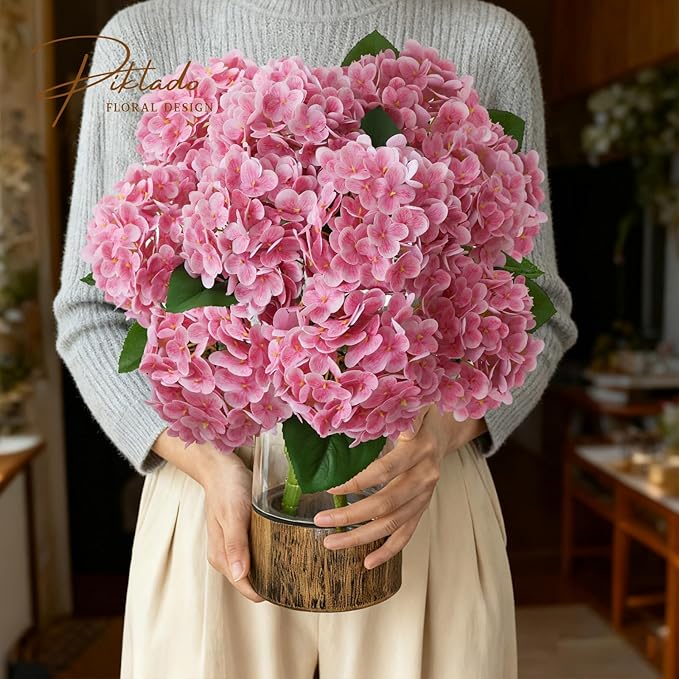 A Bunch 20in， Real Touch Hydrangea Artificial Flowers， with 5pcs Flower Head 8pcs Leaves， Faux Hydrangea Flowers for Home Office Decor Wedding Party Arrangements (2, Pink)