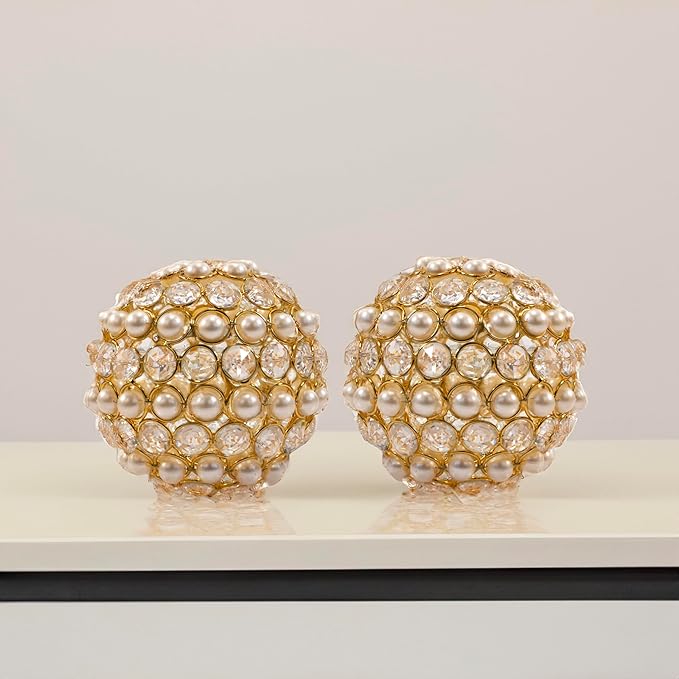 Modern Day Accents 3978 Facetas Perla 4" Gold Cristal & Pearl Spheres - Set of 2, Home Decor, Coffee Table Decor, Decorative Balls, Gem Sphere Ball, Modern Home Decor, Bowl fillers, Gemstone