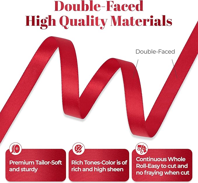 Red Satin Ribbon, Double Faced 3/8 Inch X 25 Yards Red Ribbon, Premium Satin Ribbon for Gift Wrapping, Crafts, Hair Bow Making, Sewing, Flower Bouquet, Wedding Party Decor