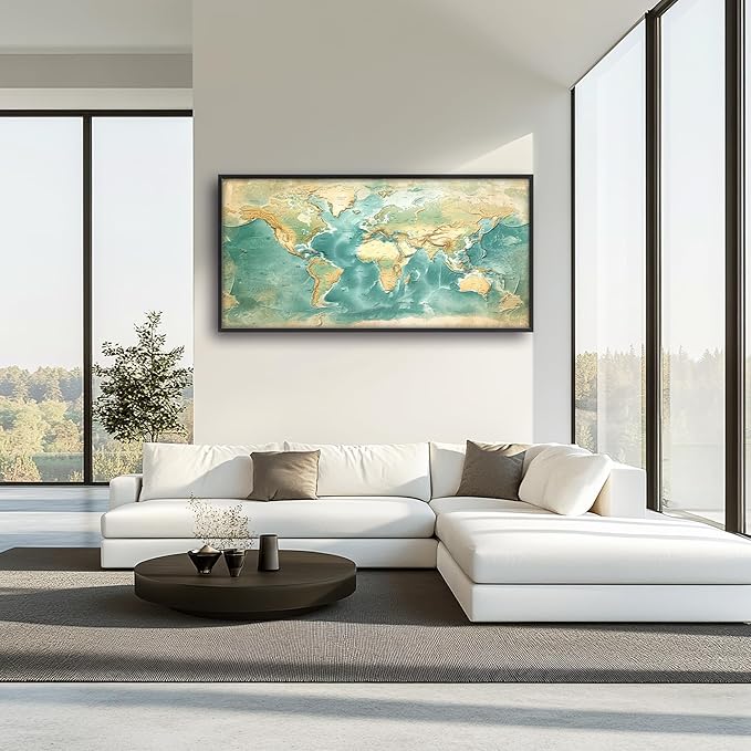 World Map Large Wall Art Framed Wall Decor for Living Room, Map Pictures Oversized Canvas Print Painting Modern Extra Large Framed Artwork for Bedroom Office Home Decor 60"x30"