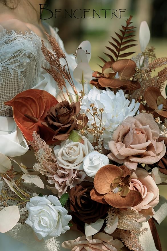 14 Inch Walnut Brown Bridal Bouquet,Wedding Bouquet,Bride Bouquets for Wedding Ceremony Anniversary, Boho Wedding,Party and French Rustic Vintage Wedding,Artificial Flowers
