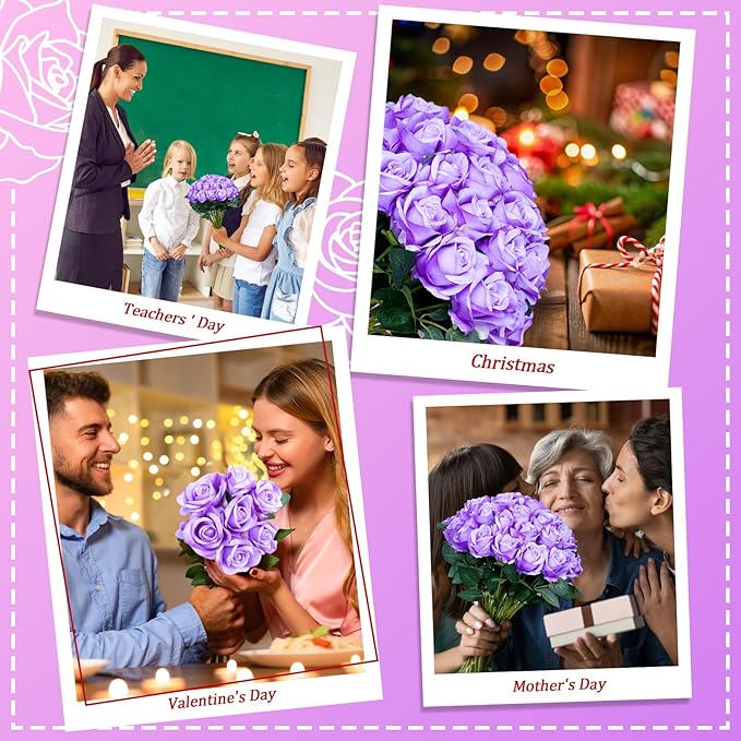 30pcs Fake Roses Artificial Silk Flowers Long Stems Bouquet for Wedding Bridal Shower Party Home Decoration (Purple)