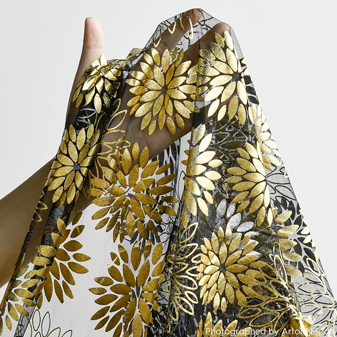 Artoid Mode Black Gold Dahlia Flower Gauze Table Runner 120 Inch 10FT, Glitter Metallic Foil Seasonal Sheer Dining Holiday Table Decor for Home Party