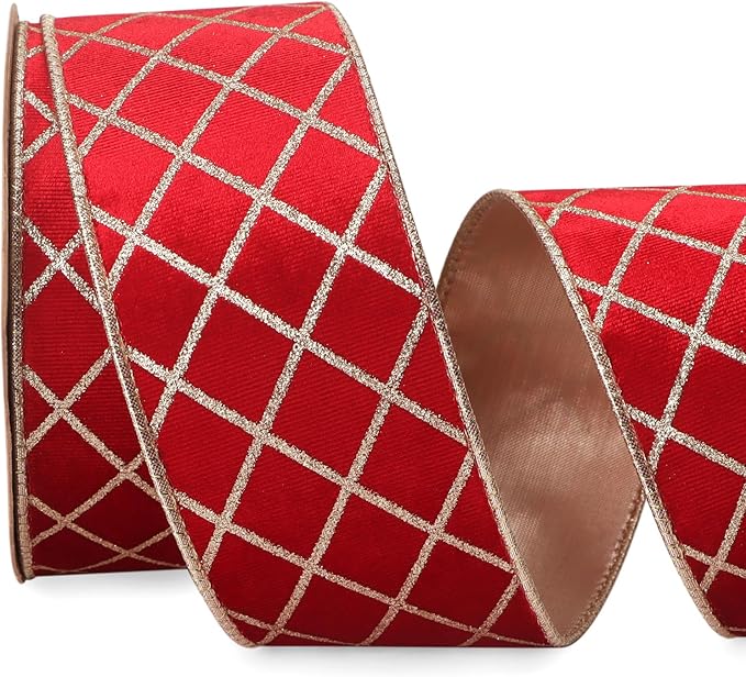 Ribbli Red Velvet Ribbon Wired with Glitter Diamond Grid 2-1/2 Inch Christmas Ribbon for Christmas Tree Decoration Big Bow Gift Wrapping Crafts Wreaths Garland Supplies - 10 Yards