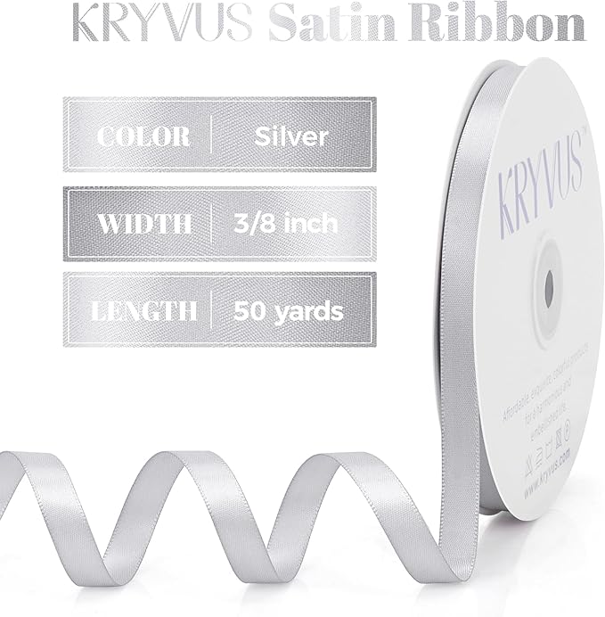 Silver Satin Ribbon, Double Faced 3/8 Inch X 50 Yards Silver Ribbon, Premium Satin Ribbon for Gift Wrapping, Crafts, Hair Bow Making, Sewing, Flower Bouquet, Wedding Party Decor